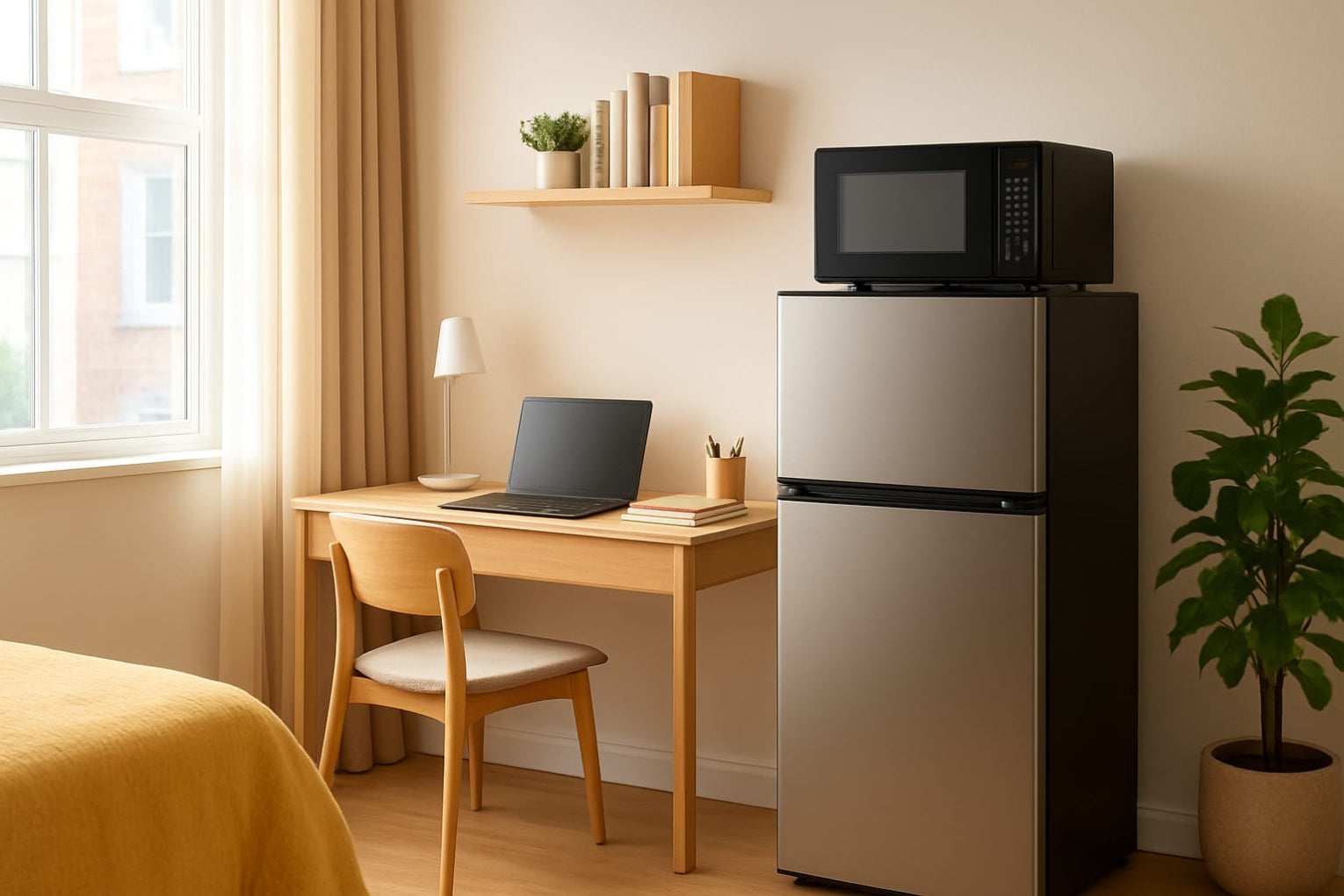Small kitchenette with refrigerator, microwave, and desk setup in a room.