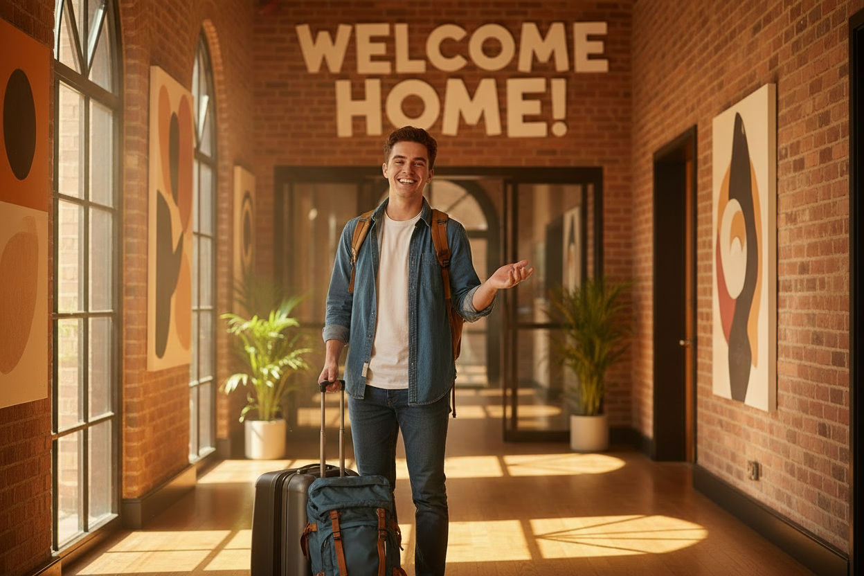 generate an image of someone excited to choose a room in a student accomodation with bags next to them in a sunlit passage