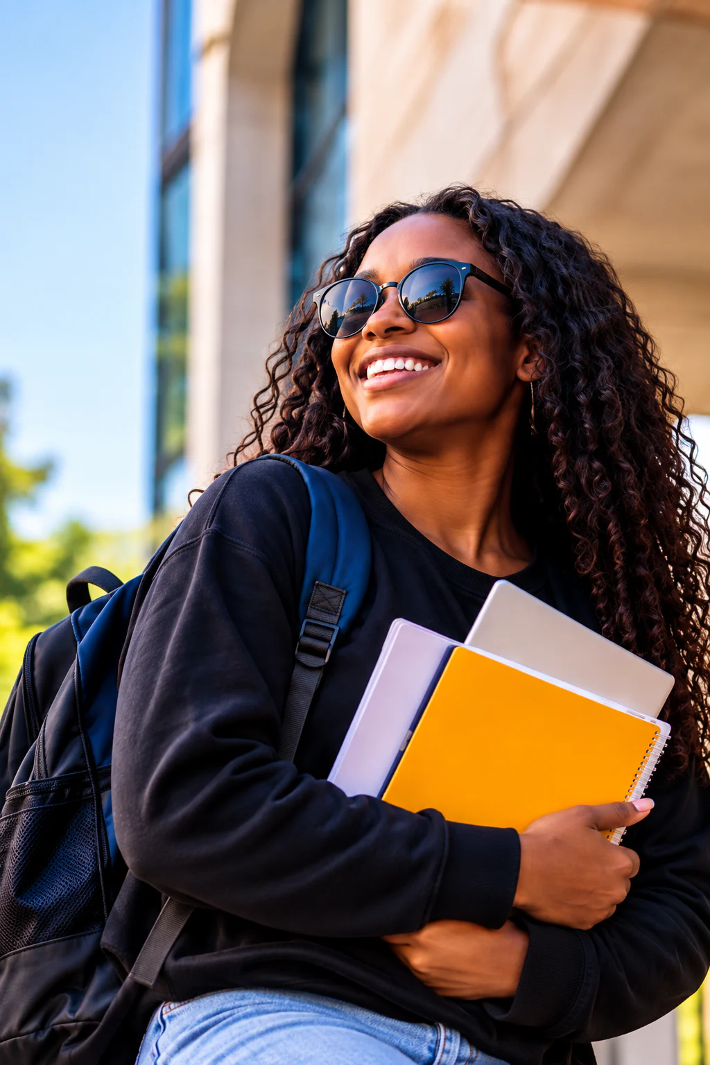 Student smiling with books on campus